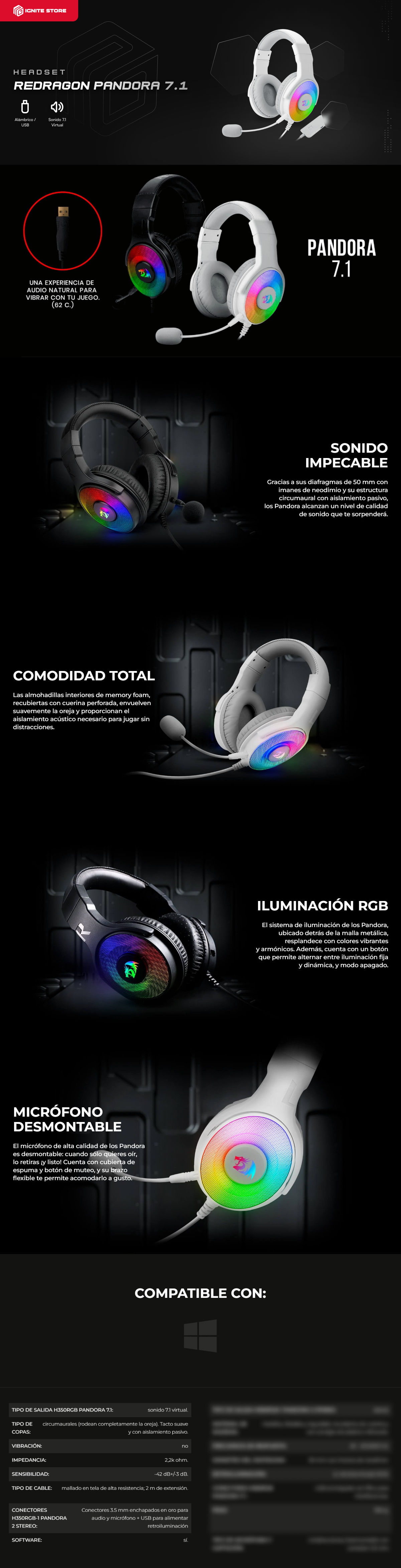 DIADEMA GAMER REDRAGON PANDORA | 7.1 | BLANCO | PARA PC | USB | H350W-RGB