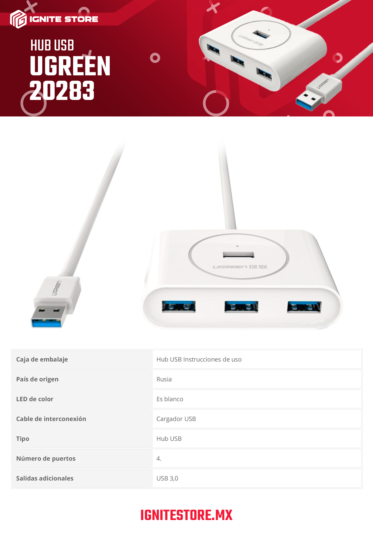 HUB USB UGREEN USB 3.0 4 PORTS WHITE 1M - 20283