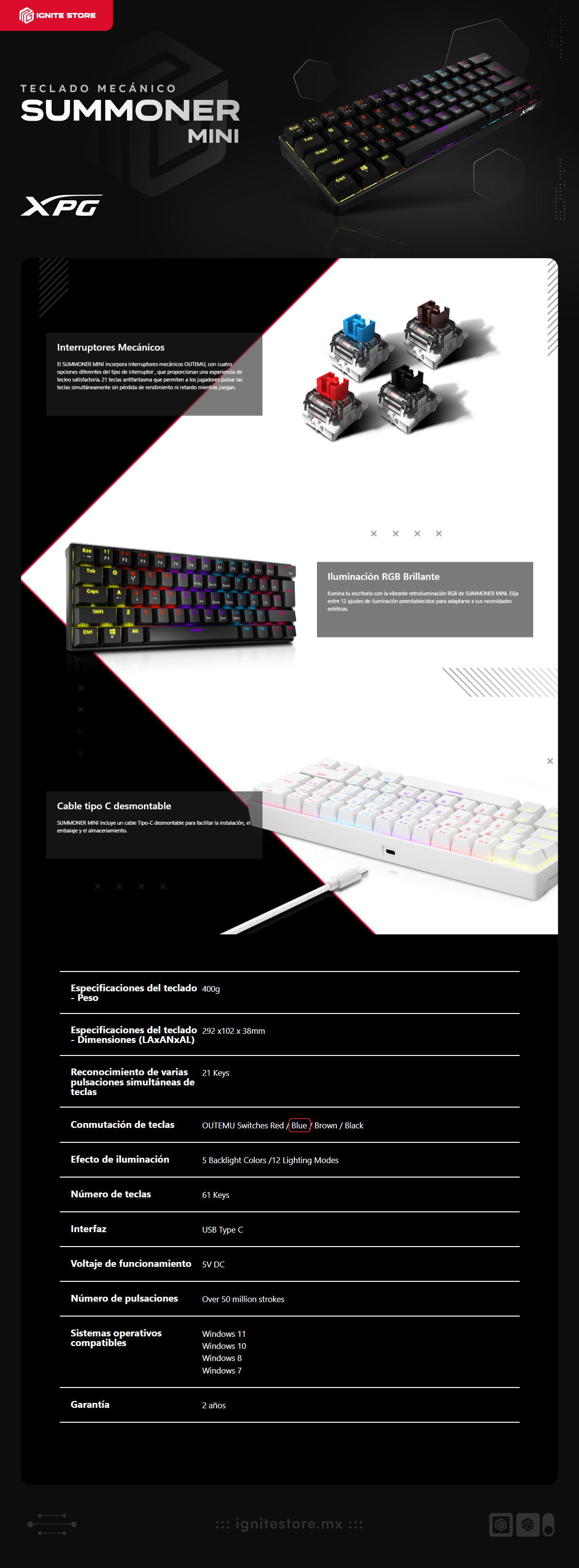 Teclado Alámbrico Mecánico Adata XPG Summoner Mini | 60%  / 61 Teclas | RGB | Switch OUTEMU Blue | USB  Tipo-C | Versión en Español | Color Negro | SUMMONERMINI61BL-BKCES