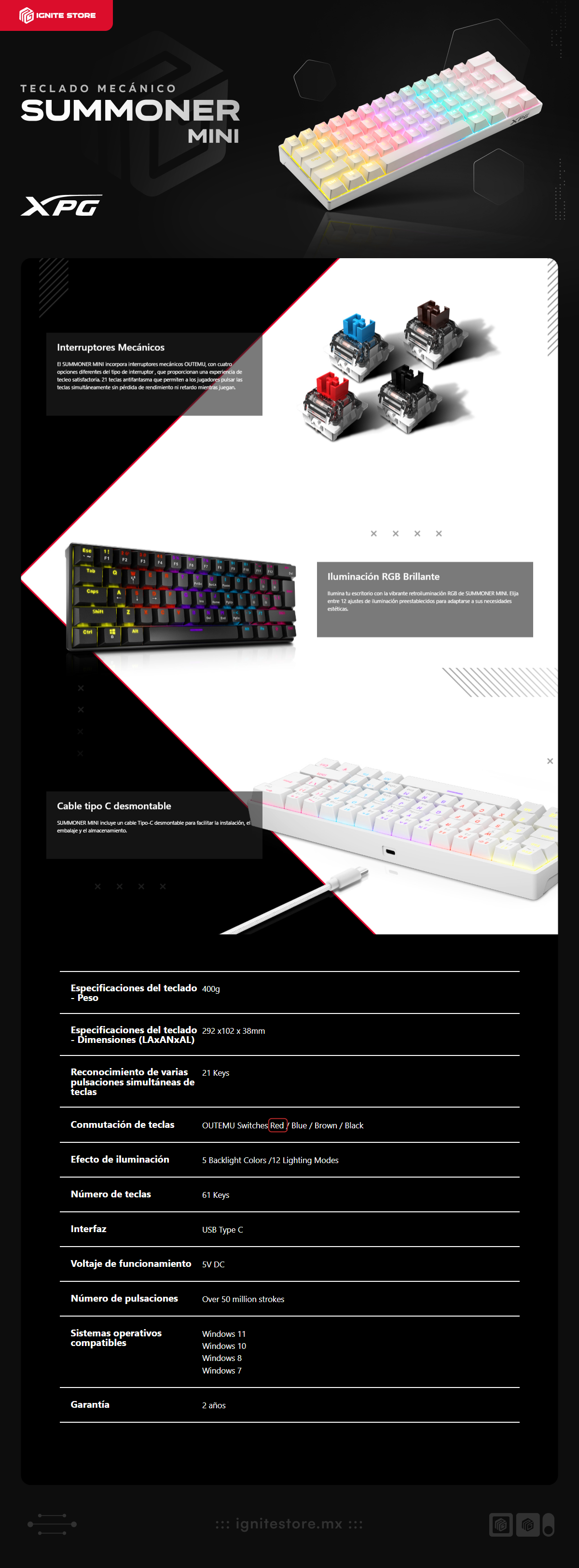 Teclado Alámbrico Mecánico Adata XPG Summoner Mini | 60%  / 61 Teclas | RGB | Switch OUTEMU Red | USB  Tipo-C | Versión en Español | Color Blanco | SUMMONERMINI61RD-WHCES