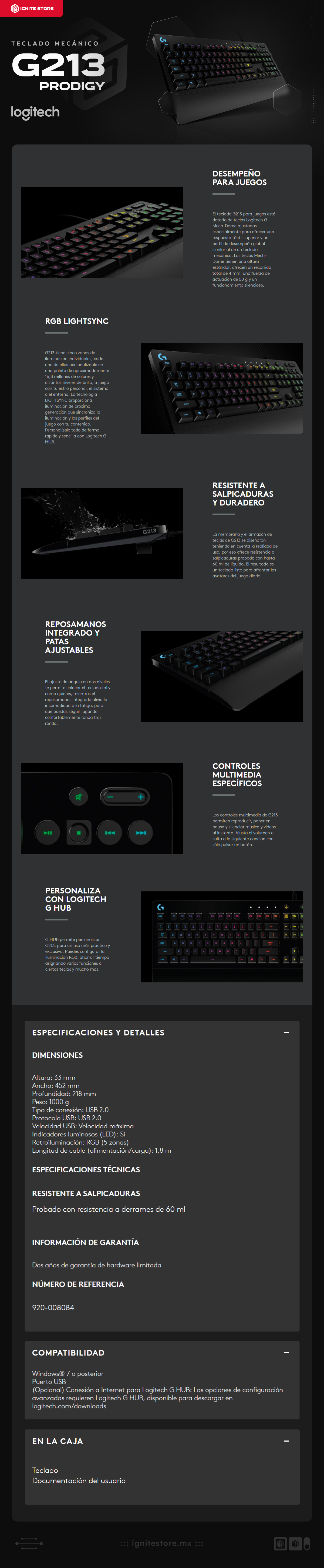 Teclado Alámbrico de Membrana Logitech G213 Prodigy | Full Size | USB 2.0 | RGB | Inglés | Color Negro | 920-008084