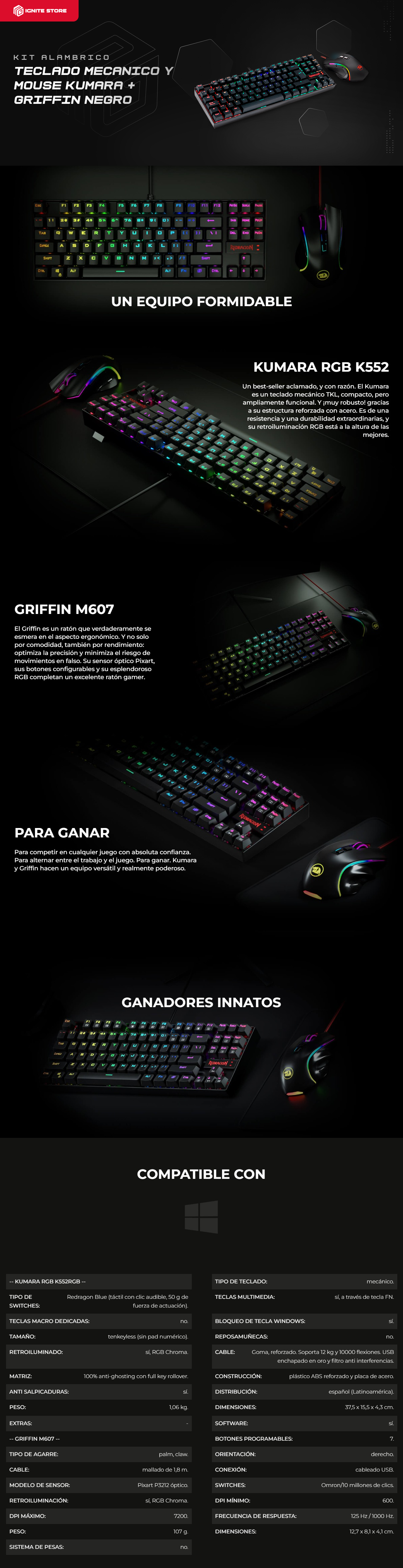 KIT ALAMBRICO TECLADO MECANICO Y MOUSE REDRAGON KUMARA+GRIFFIN NEGRO (ESPAÑOL)(HOT SWAP) / K552RGB-BA-SP