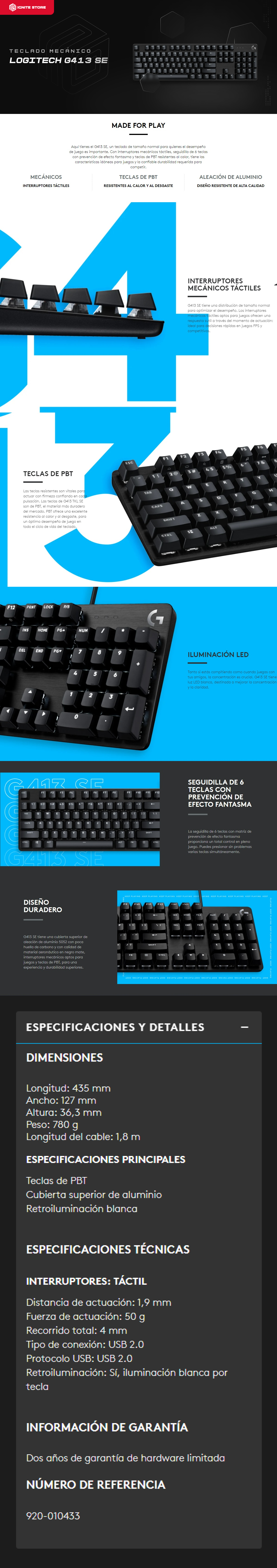 Teclado mecánico Logitech G413 SE | Alámbrico | Retroiluminación blanca | Teclas de PBT | Negro Aluminio | 920-010433