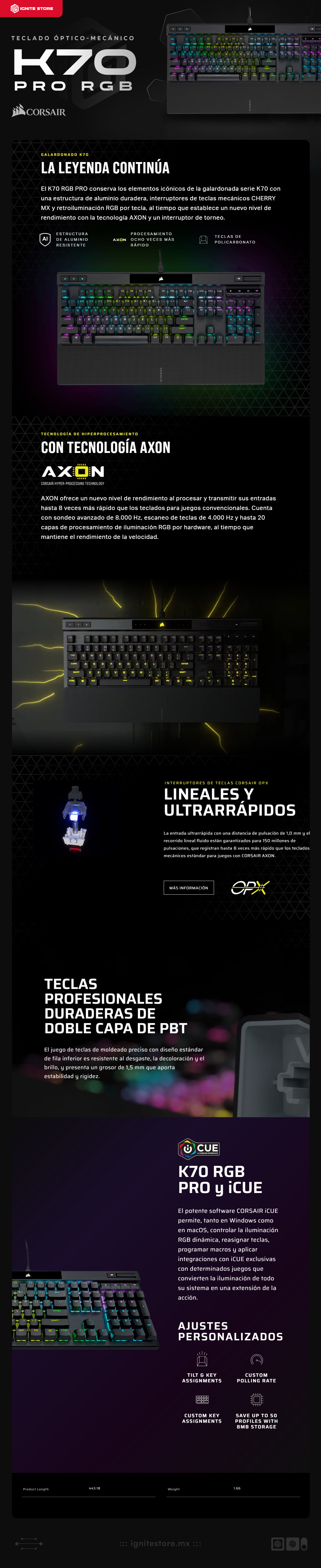 Teclado Óptico-Mecánico Corsair K70 PRO RGB | Alámbrico | Teclas profesionales CORSAIR OPX ultrarrápidas | Teclas PBT Negras | Inglés | CH-910941A-NA