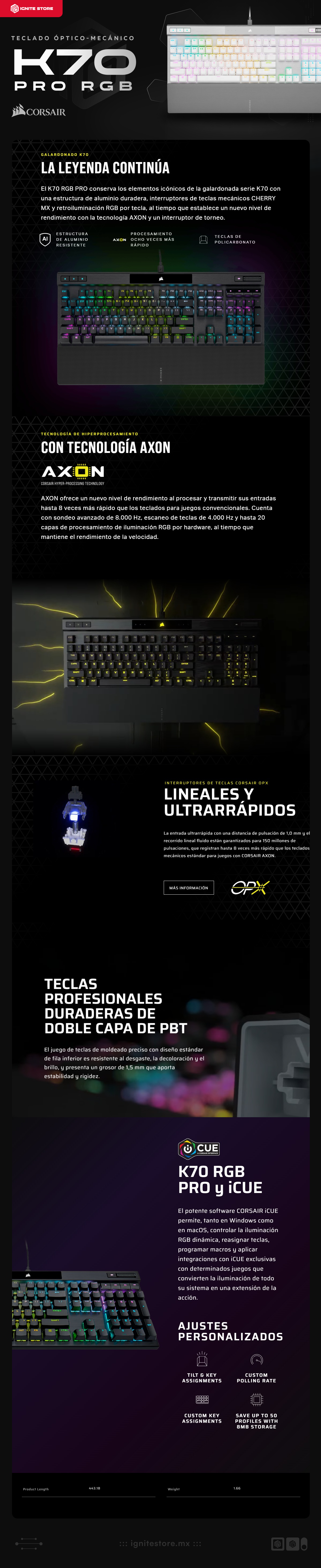 Teclado Óptico-Mecánico Corsair K70 PRO RGB | Alámbrico | Teclas profesionales CORSAIR OPX ultrarrápidas | Teclas PBT Blancas| Inglés | CH-910951A-NA