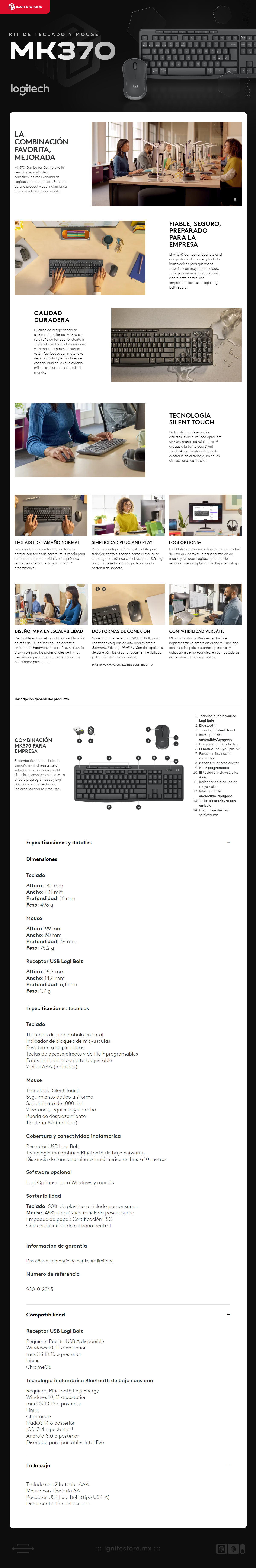 Kit de Teclado y Mouse Logitech MK370 | Inalámbrico |  Batería de larga duración | Accesos directos programables | Baterías AA ( Incluidas en la caja ) | 920-012063