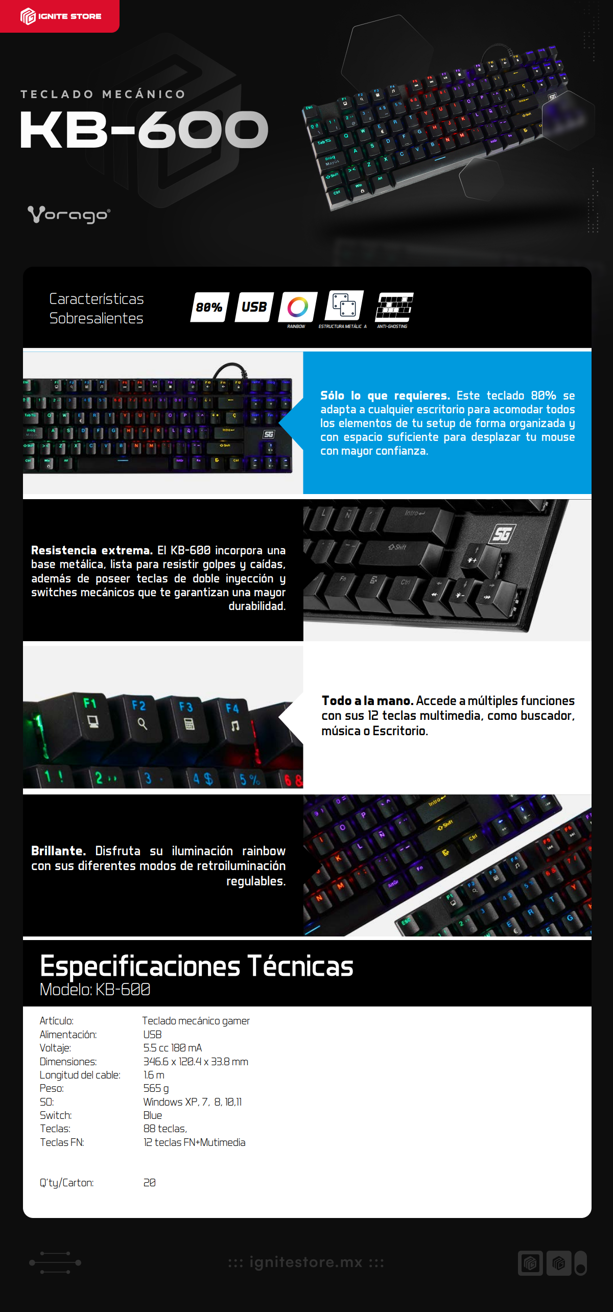 Teclado Mecánico Vorago SG KB-600 | TKL | 12 teclas multimedia | RGB | Anti-Ghosting | USB | KB-600