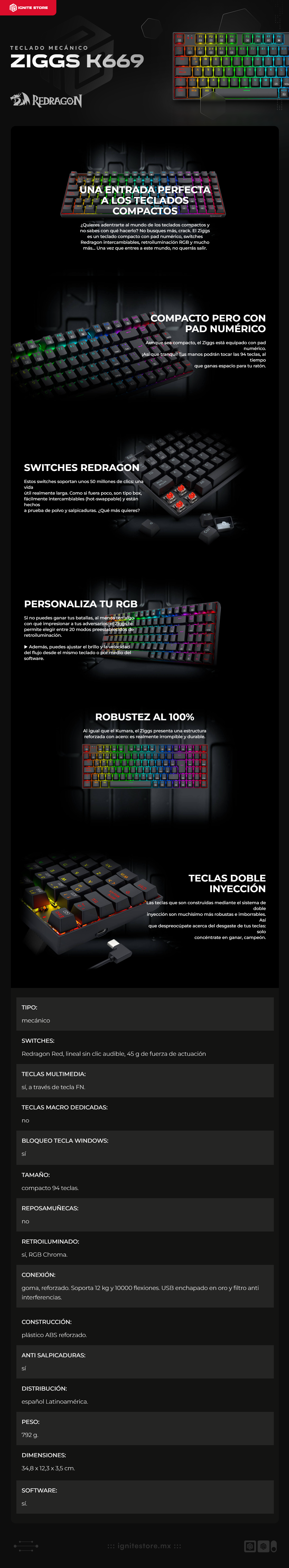 Teclado mecánico Redragon Ziggs K669 | Alámbrico | Compacto 94 teclas | Switches Red lineal | RGB | Español | Color Negro | K669-RGB