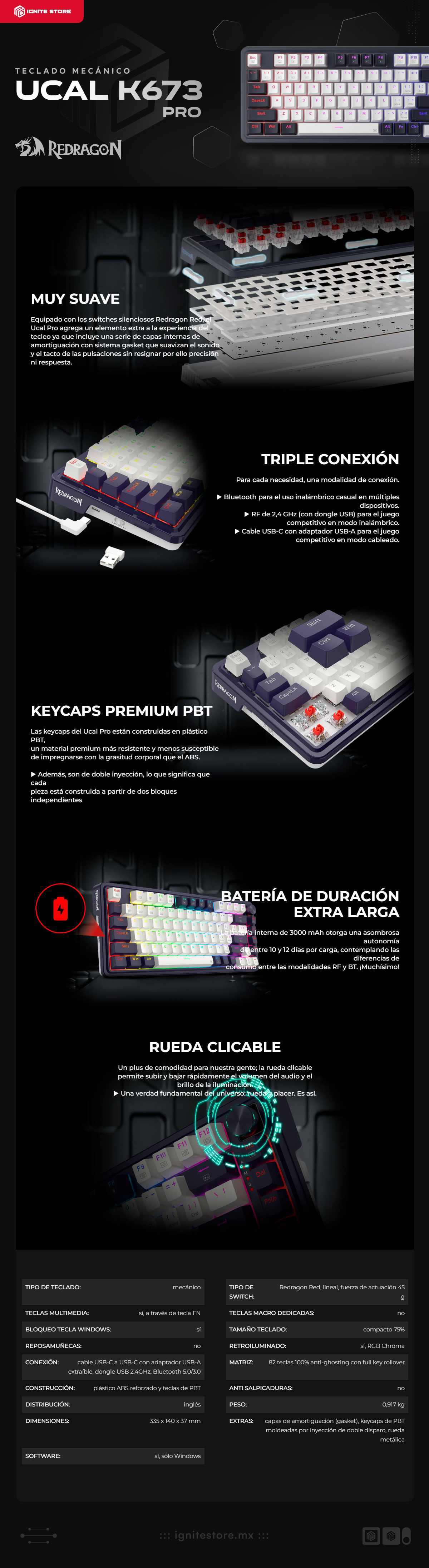 Teclado Mecánico Redragon UCAL PRO K673 | Hot Swap | Inalámbrico | 75% | RGB | Control De Perilla Dedicado |  Abyssal Blue | K673WB-RGB-PRO