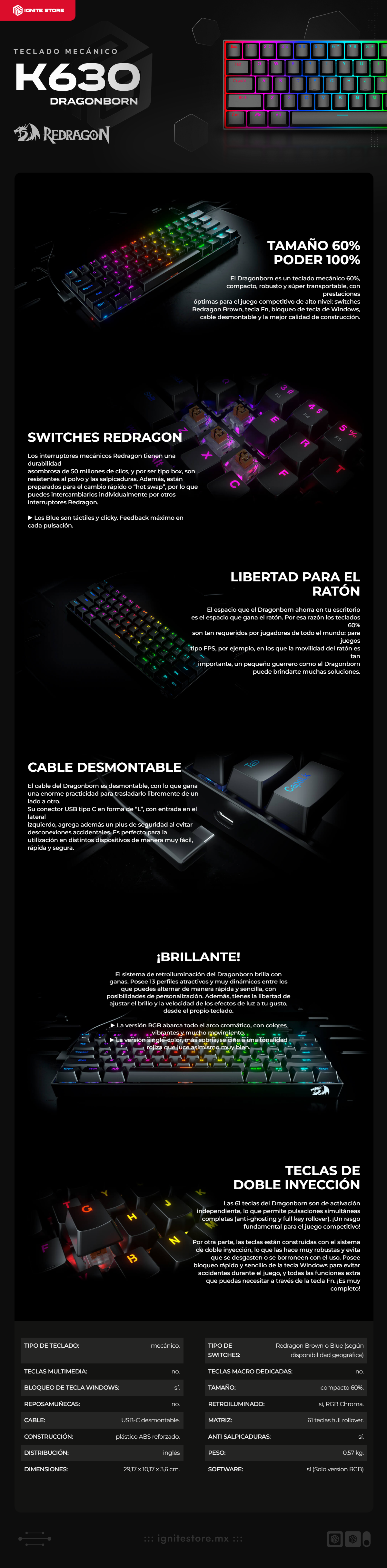 Redragon K630 Dragonborn 60% Teclado RGB | Interruptor Café | Mecánico | Negro | Inglés | K630RGB SP-BROWN