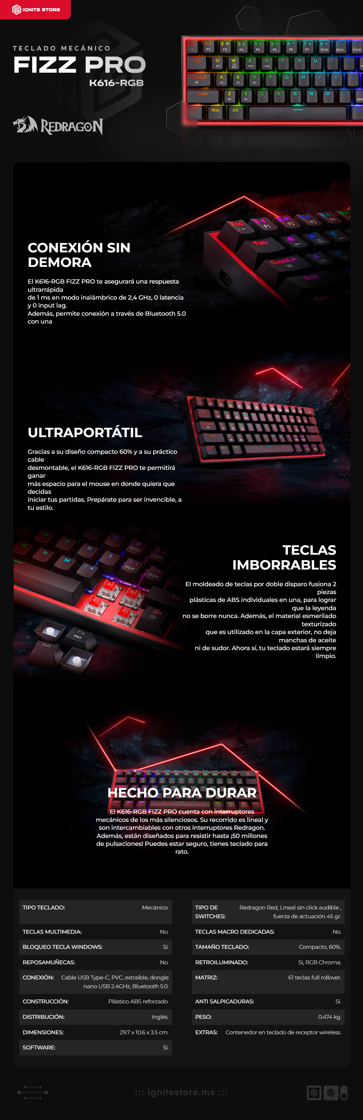 Teclado Gamer Redragon Fizz Pro K616 RGB |Teclado Mecánico | Switch Red | Inalámbrico | Negro | K616-RGB BK-SP