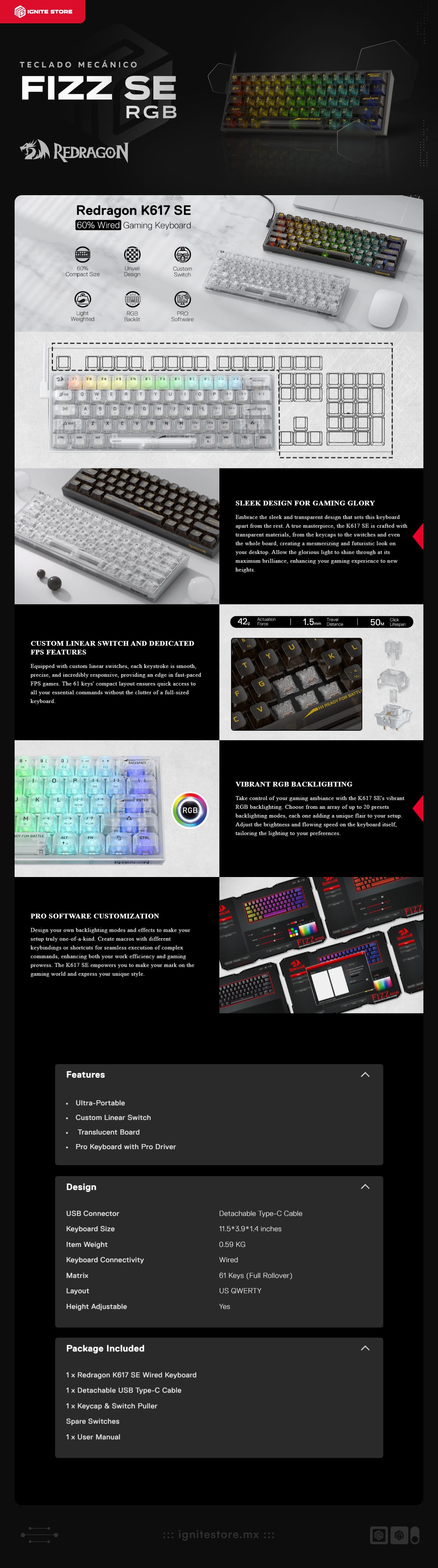 Teclado Mecánico Alámbrico Redragon FIZZ K617 SE RGB | 60% | Teclas con Switches Transparentes | RGB | Inglés | K617CTB-RGB