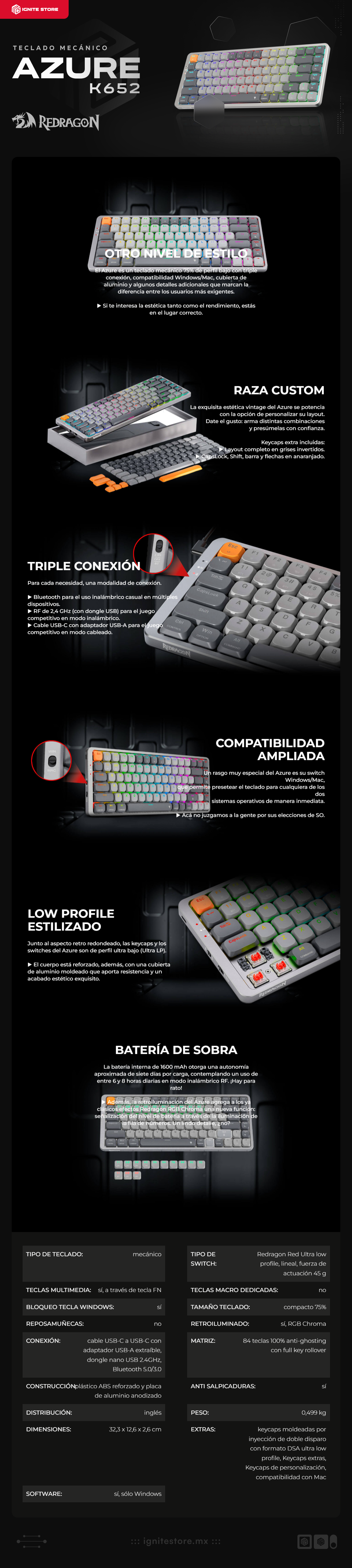 Teclado Mecánico Inalámbrico Redragon Azure K652 | 75% | Bluetooth / 2.4Ghz | 84 Teclas | Switch Red | Inglés | K652GG-RGB-PRO