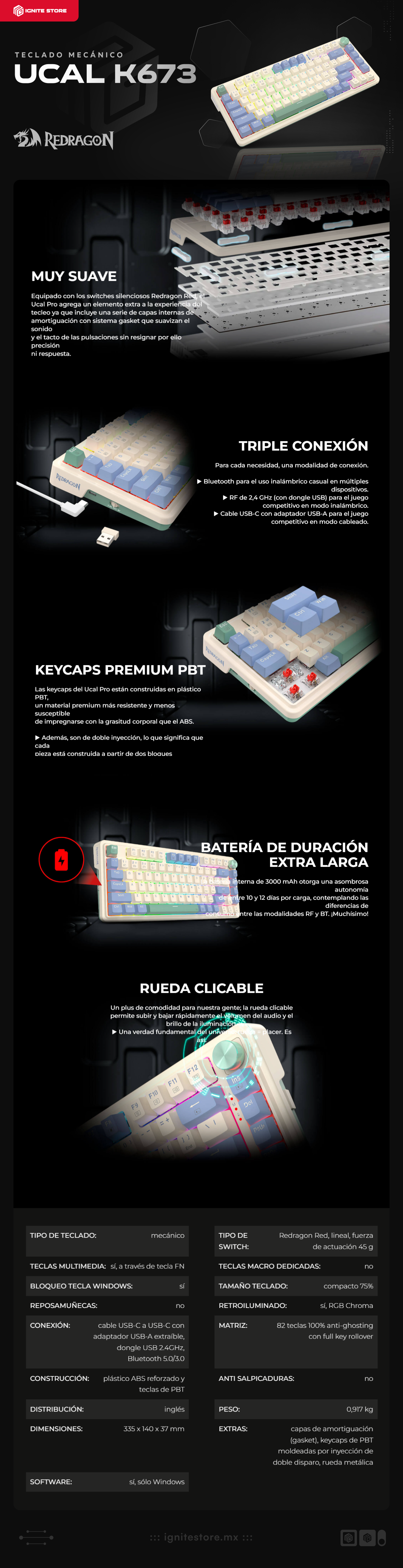 Teclado Mecánico Inalámbrico Redragon UCAL K673 | 75% / 81 Teclas | Switch Rojo |  2.4Ghz / Bluetooth / USB-C | Inglés | K673CPG-RGB-PRO