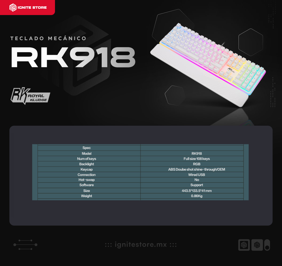 Teclado Alámbrico Mecánico Royal Kludge RK918 | Completo / 108 Teclas | Switch Red | Color Blanco | Español | RK918WH