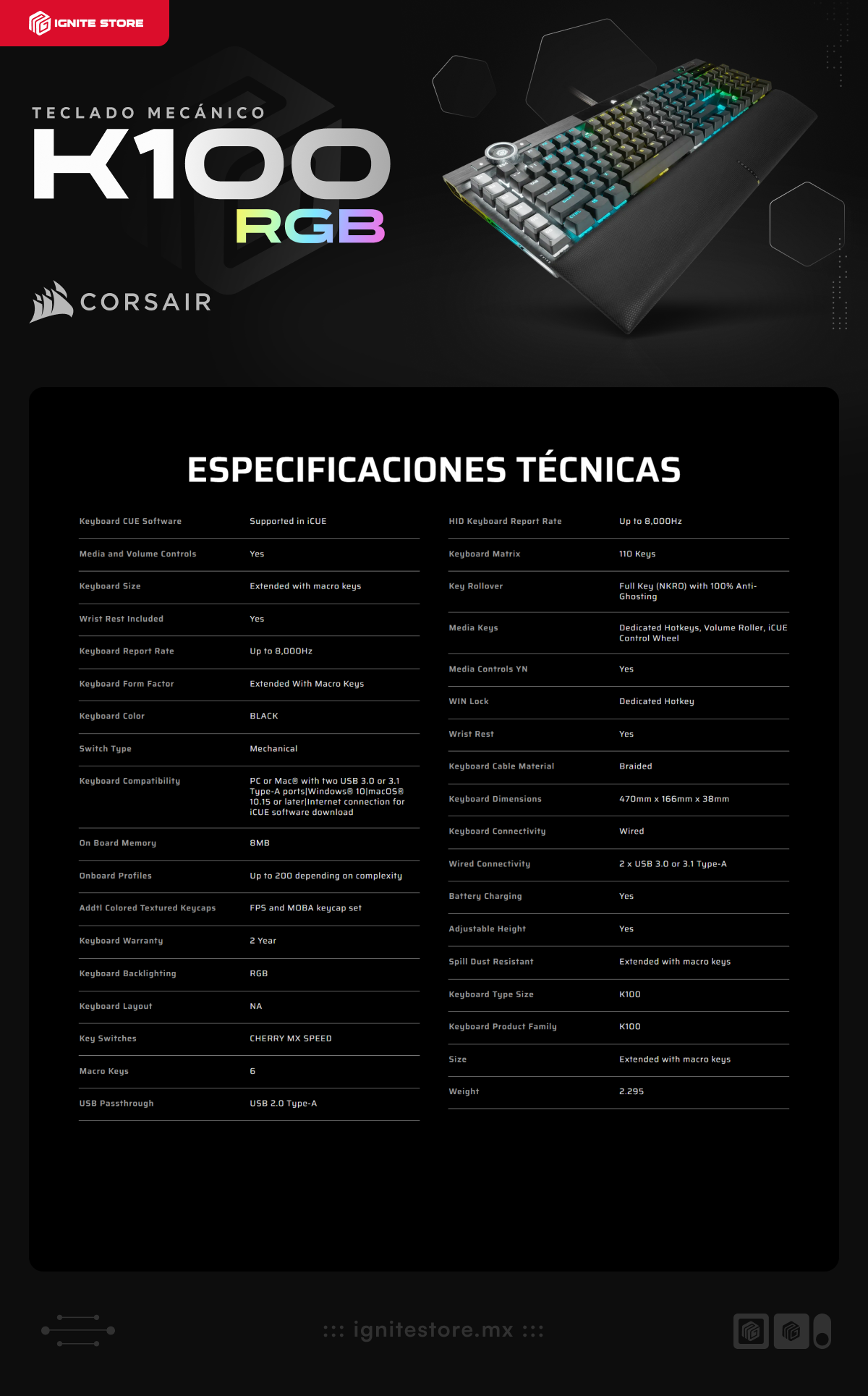 Teclado mecánico Corsair K100 RGB | Alámbrico | Switch Cherry MX Speed | Full Size (110 Teclas) | Color Negro | Inglés | CH-912A014-NA