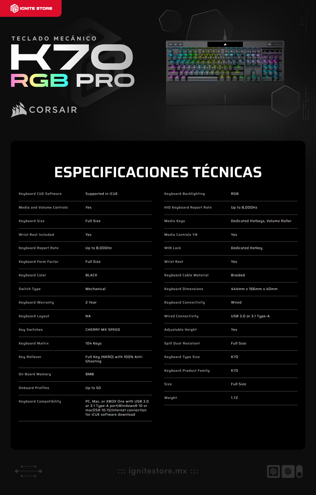Teclado Mecánico Corsair K70 RGB PRO | Alámbrico | Full Size  (104 Teclas) | Switches Cheery MX Speed | PC/MAC | Color Negro | CH-9109414-NA