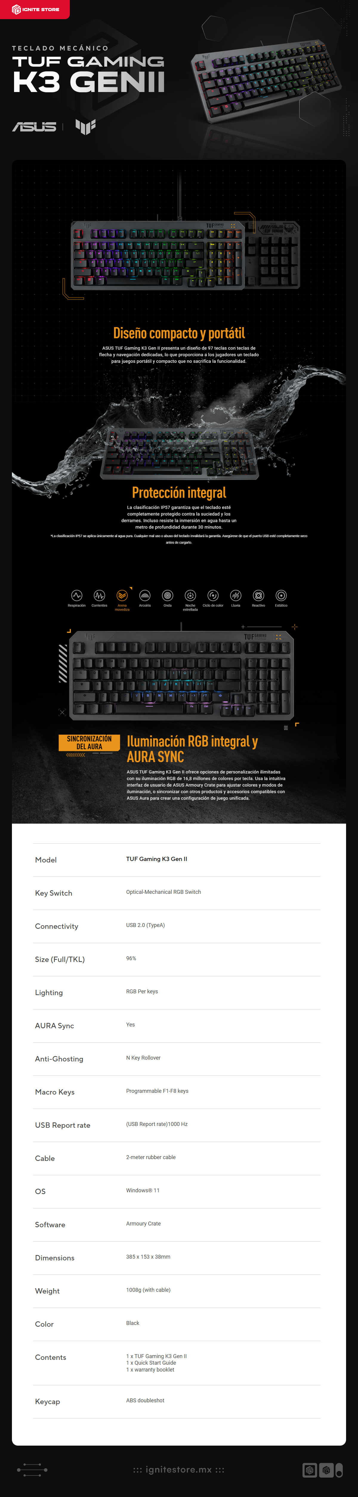 Teclado ASUS TUF Gaming K3 Gen II | Alámbrico | Mecánico | Switches RGB RED | 96%  ( 97 teclas ) | impermeabilización IP57 | QWERTY en Inglés (US) | RA07 TUF K3 GEN II/RD/CA/ABS