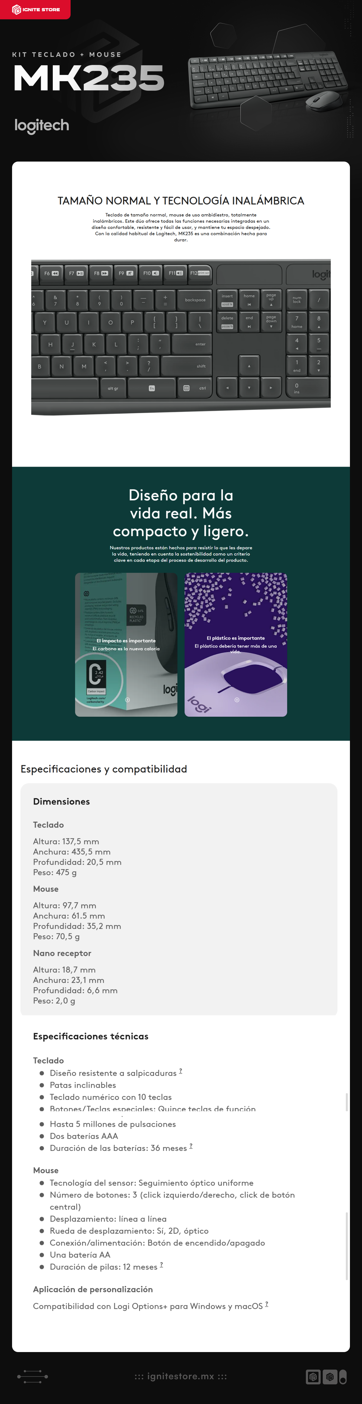 Kit de Teclado y Mouse Logitech MK235 | Inalámbrico (Nanoreceptor USB) | Teclado numérico en Español | Baterías Incluidas | Color Negro | 920-007901 