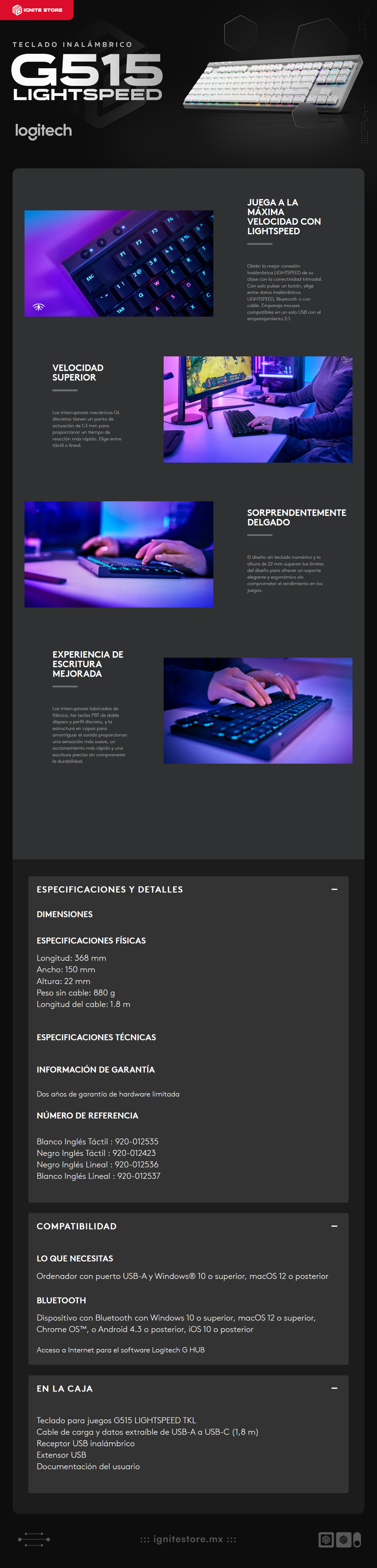 Teclado Mecánico Inalámbrico G515 LIGHTSPEED TKL | Receptor USB / Bluetooth / Cable | Switch Táctil | Color Blanco | Inglés | 920-012535