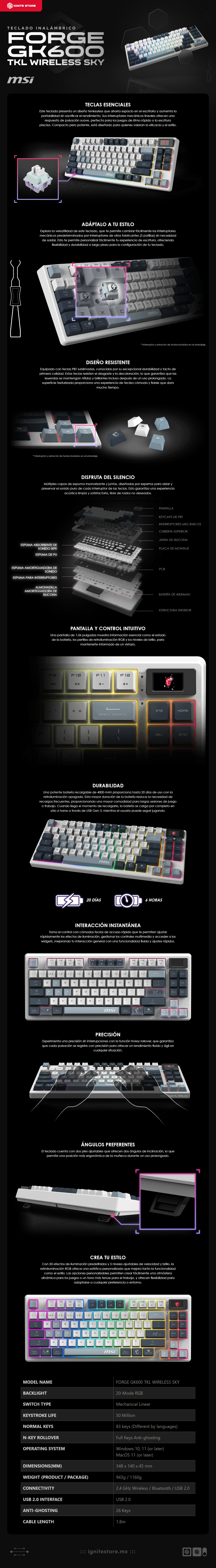 Teclado Mecánico MSI FORGE GK600 TKL | Bluetooth / Receptor USB / USB 2.0 | RGB | Display 1.06" | Color Blanco / Gris | Inglés | FORGE GK600 TKL WIRELESS SKY