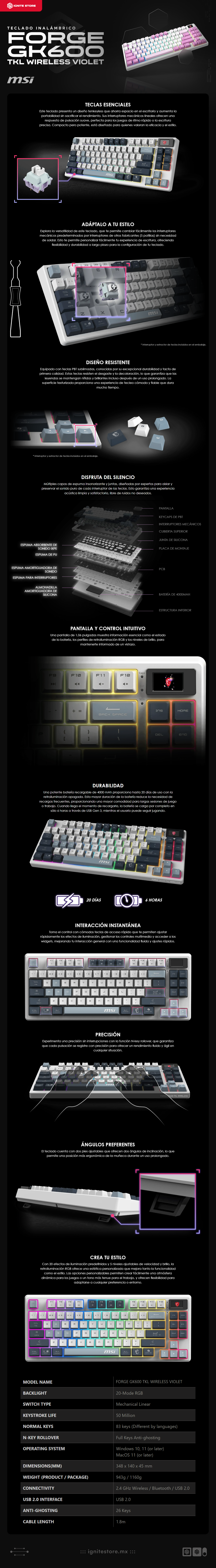 Teclado Mecánico MSI FORGE GK600 TKL | Bluetooth / Receptor USB / USB 2.0 | RGB | Display 1.06" | Color Violeta | Inglés | FORGE GK600 TKL W VIOLET US