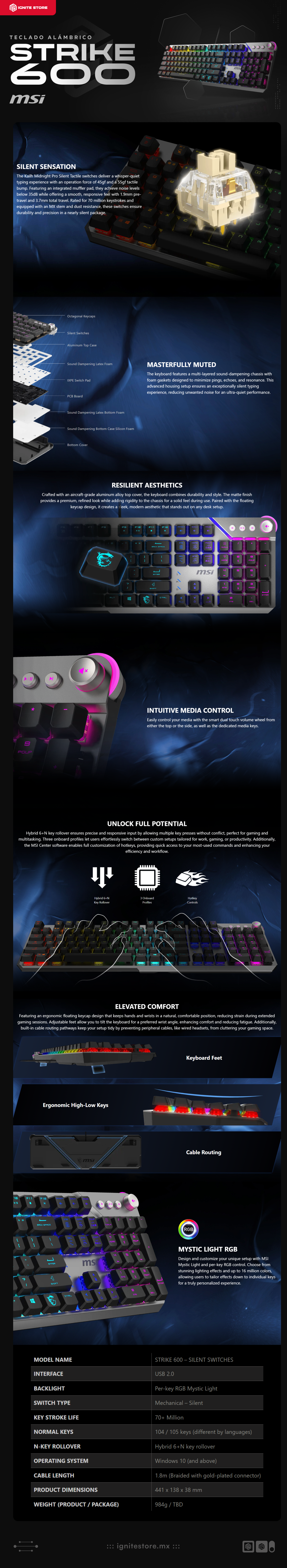 Teclado Alámbrico MSI STRIKE 600 | Full Size | Mecánico | Switch Silencioso | USB 2.0 | RGB | STRIKE 600 SILENT US GAMING KEYBOARD