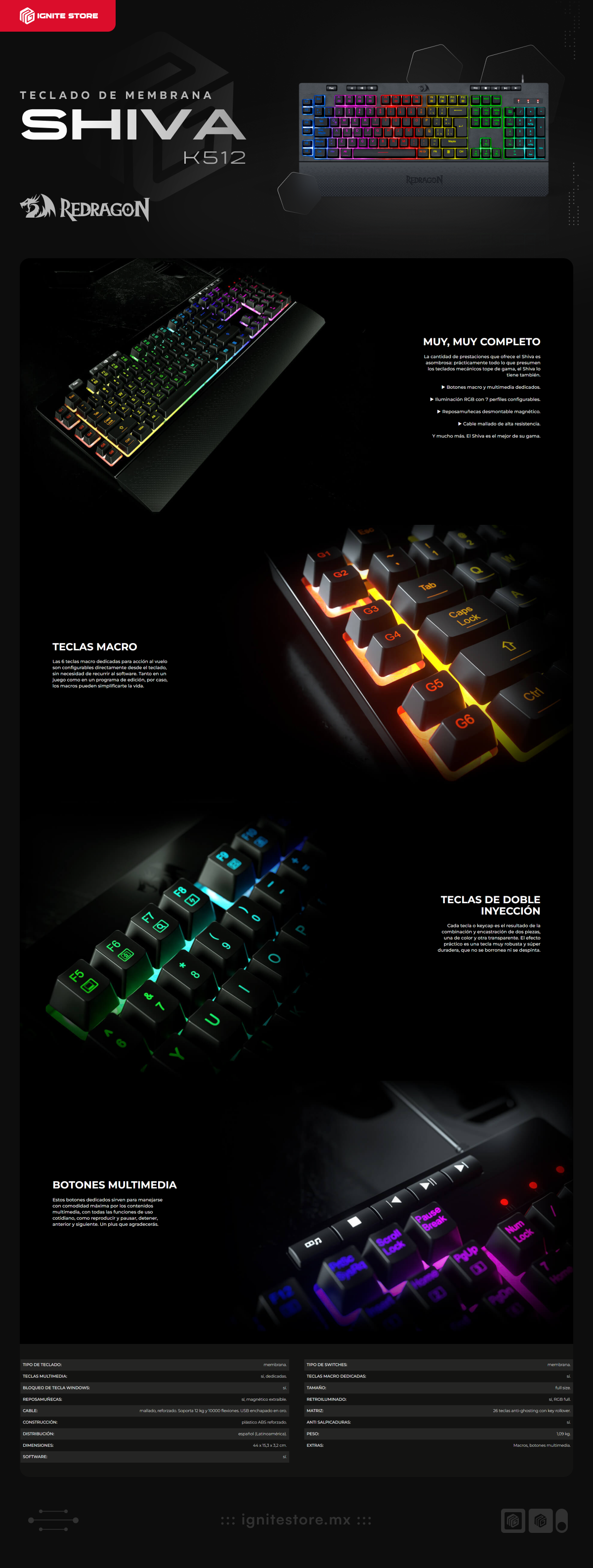Teclado Alámbrico Redragon Shiva K512 | Full Size | Membrana | Cable Reforzado | Reposamuñecas | RGB | Negro | Español | K512RGB-SP