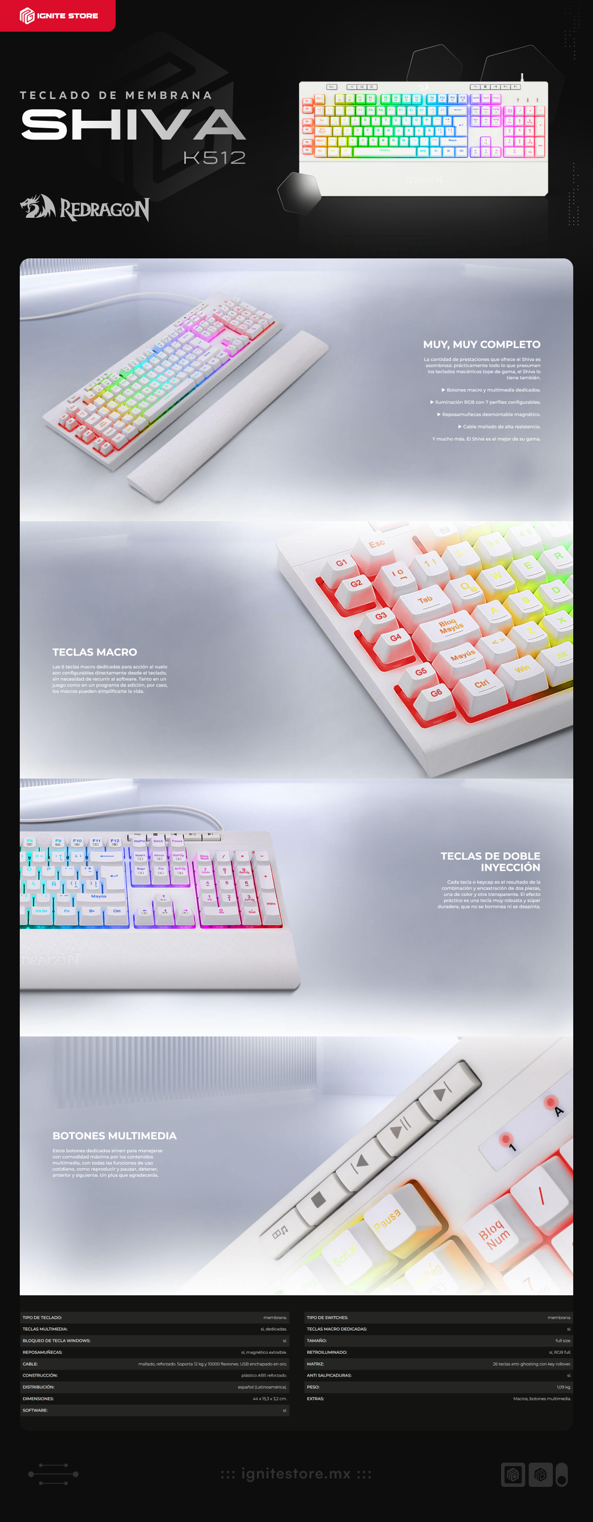 Teclado Alámbrico Redragon Shiva K512 | Full Size | Membrana | Cable Reforzado | Reposamuñecas | RGB | Blanco | Español | K512RGB-SP