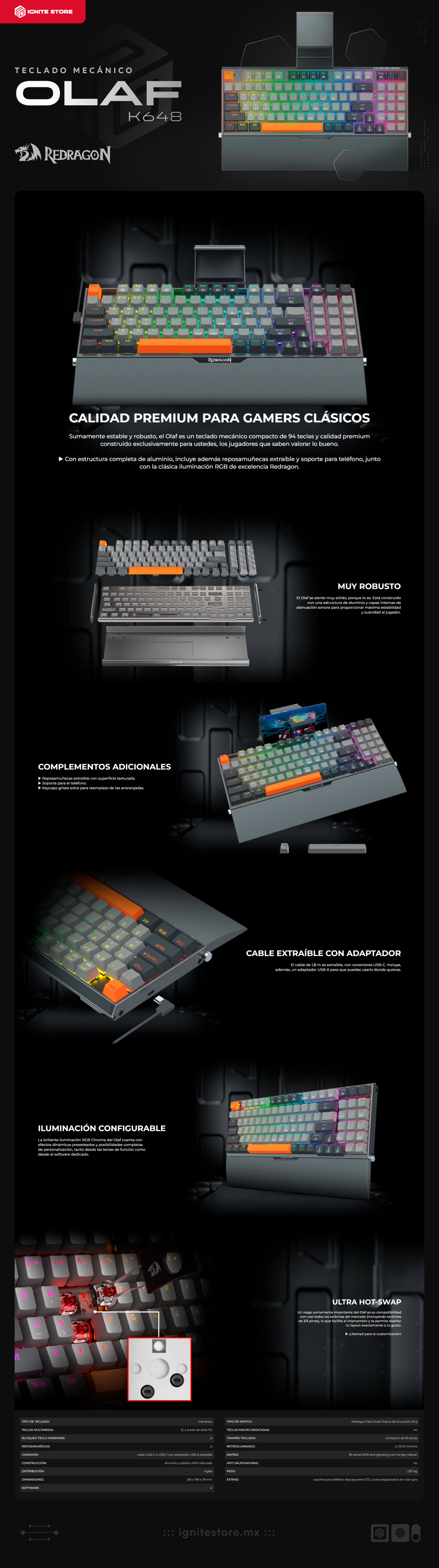 Teclado Mecánico Alámbrico Redragon Olaf K648 | Full Size | Switch Red | Reposamuñecas | Soporte para Teléfono | Cable USB-C / Adaptador USB-A | RGB | Gris | Español | K648GG-RGB