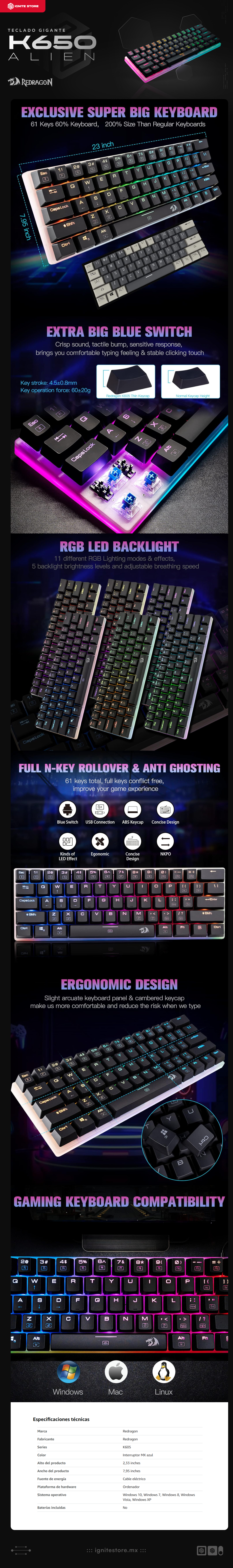 Teclado Mecánico Gigante Redragon K605 Alien | Outemu Blue Switch | 60% | Alámbrico | RGB | K605