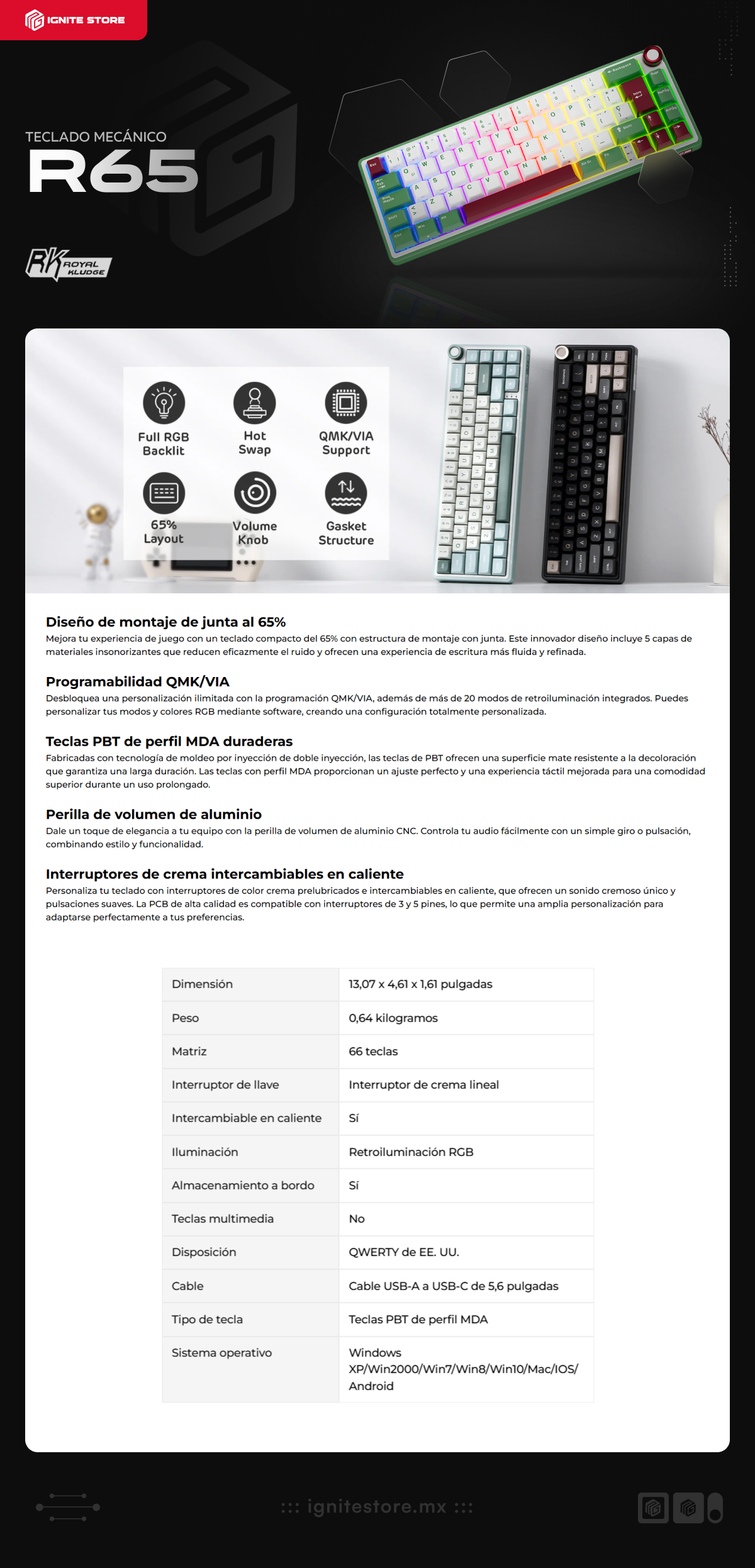 Teclado Mecánico Alámbrico Royal Kludge R65 | 65% | Switch Chartreuse | RGB | Verde (Green Sand) | Español | RKR65GR