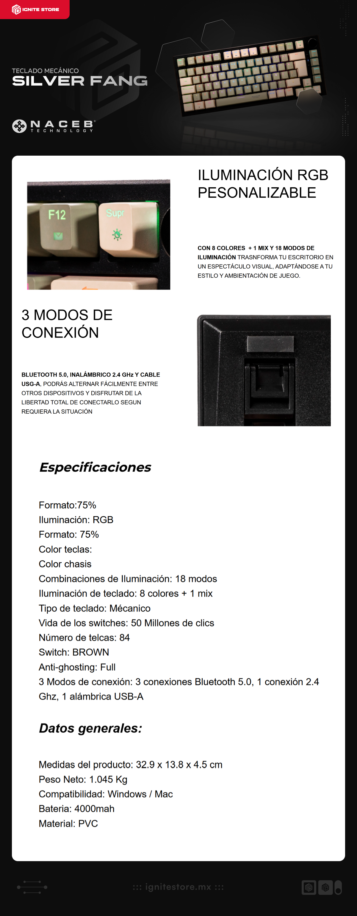 Teclado Mecánico Naceb Silver Fang | 75% | Switch Café | Tres Modos de Conexión | Inalámbrico 2.4Ghz / Bluetooth 5.0 / Cable USB-A | RGB | Negro / Verde | Español | NA-0969