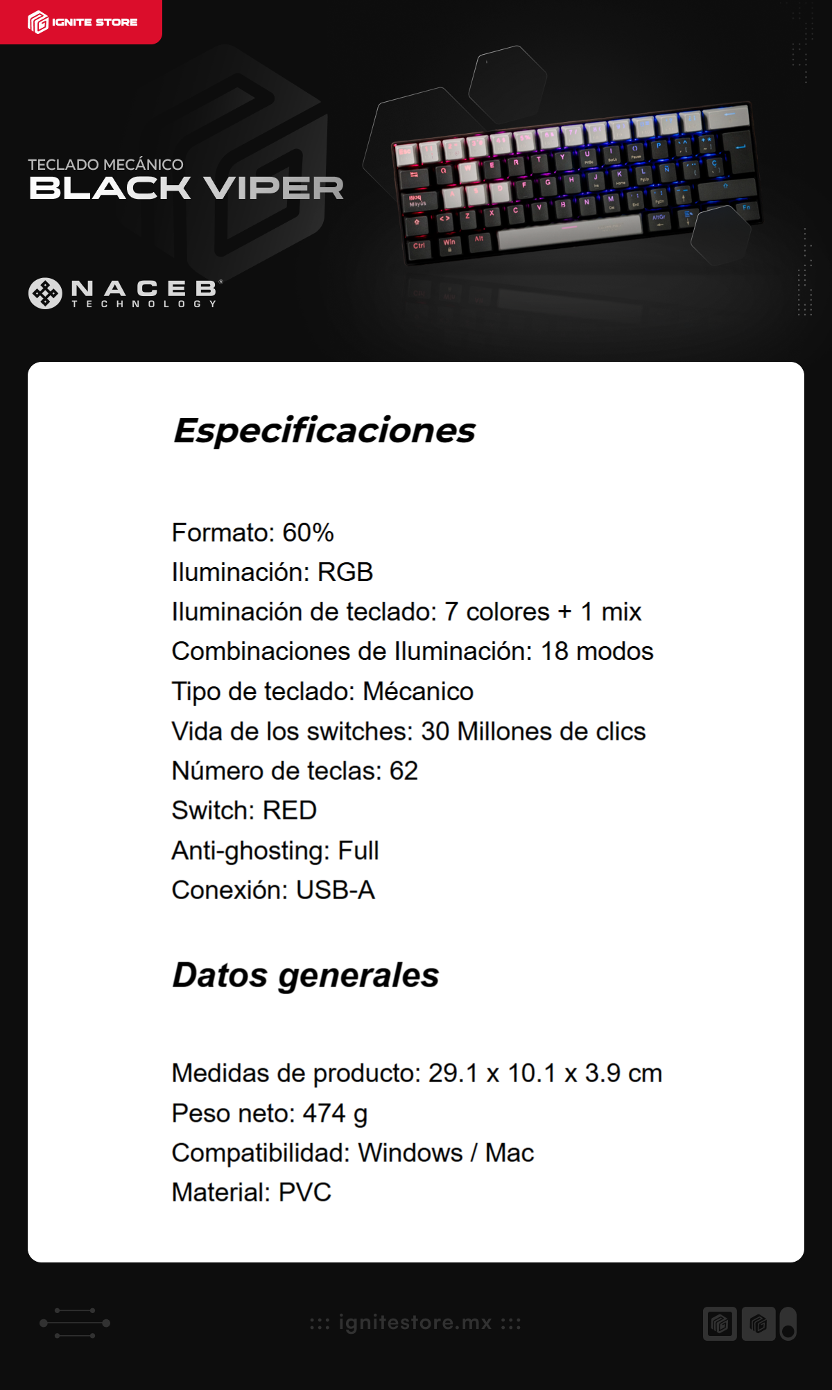 Teclado Mecánico Alámbrico Naceb Black Viper | 60% | Switch Rojo | Cable USB-A | RGB | Negro / Gris | Español | NA-0968