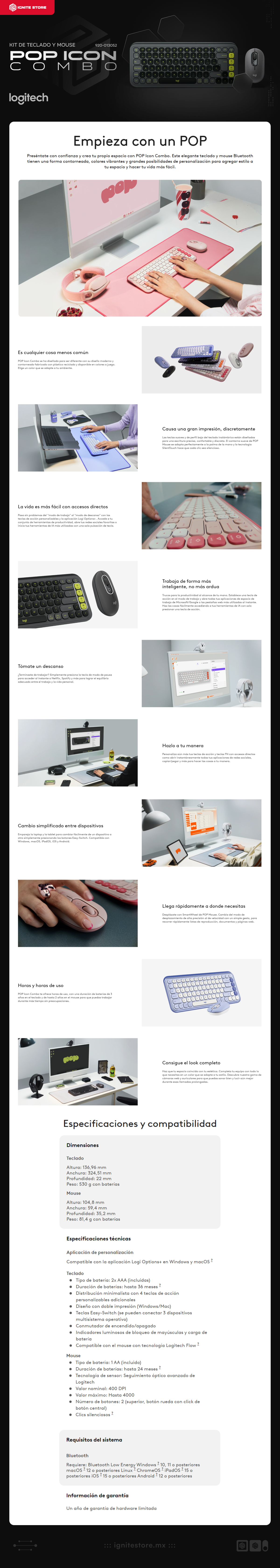 Kit de Teclado y Mouse Inalámbrico Logitech POP Icon Combo | Bluetooth | Baterías Incluidas | Español | Negro / Verde | 920-013052