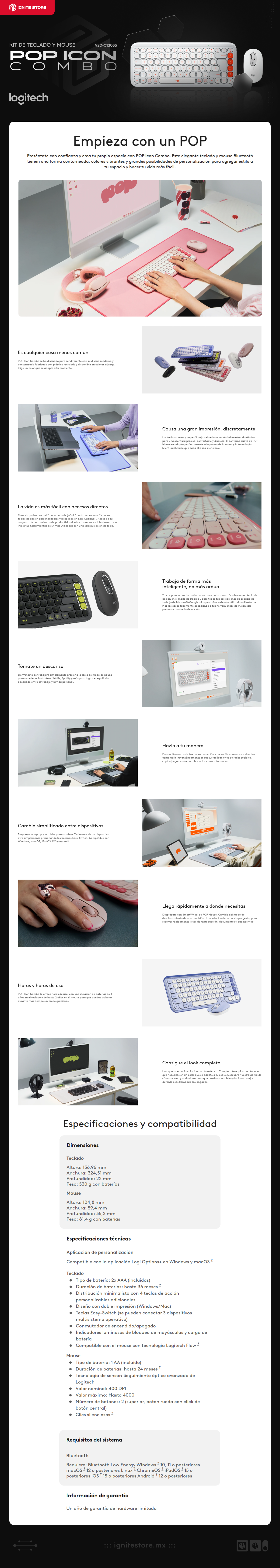 Kit de Teclado y Mouse Inalámbrico Logitech POP Icon Combo | Bluetooth | Baterías Incluidas | Español | Blanco / Naranja | 920-013055