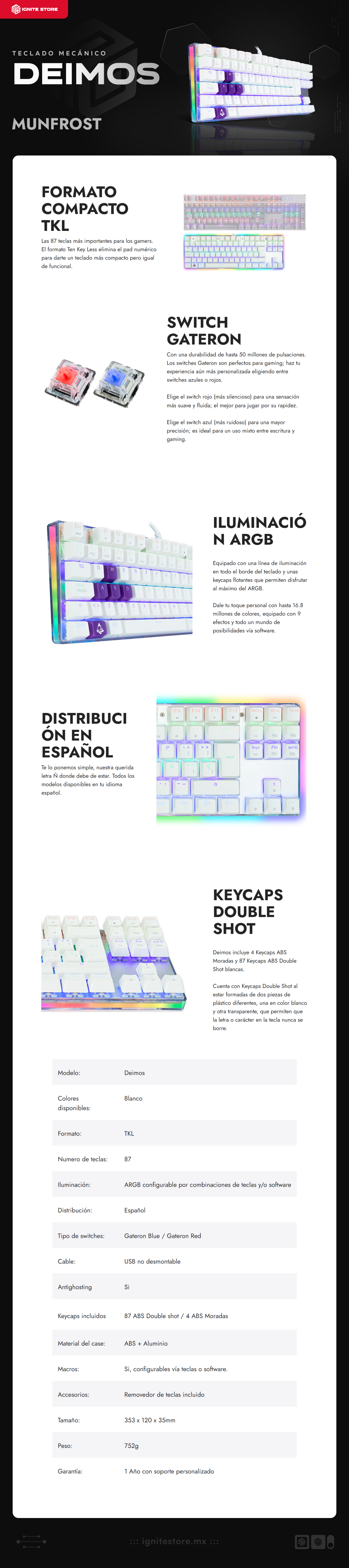 Teclado Alámbrico Mecánico Munfrost Deimos | TKL / 87 Teclas | Switches Gateron Red | ARGB | Español 