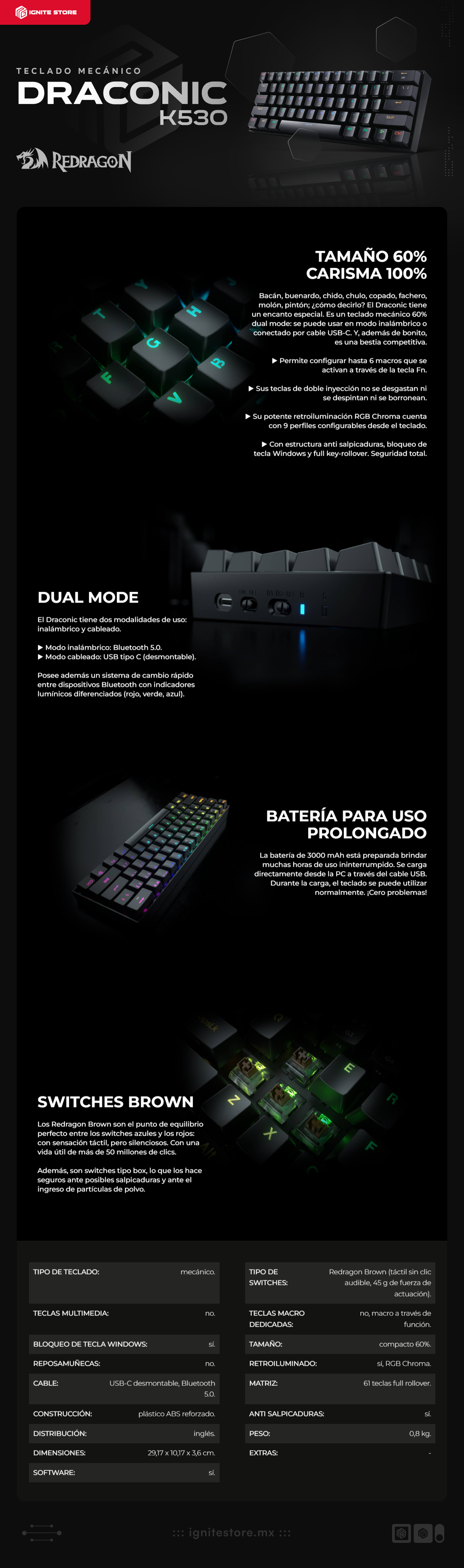 Teclado Inalámbrico Mecánico Draconic K530 | 60% / 61 Teclas | Switches Redragon Brown | RGB | Inglés | K530-RGB