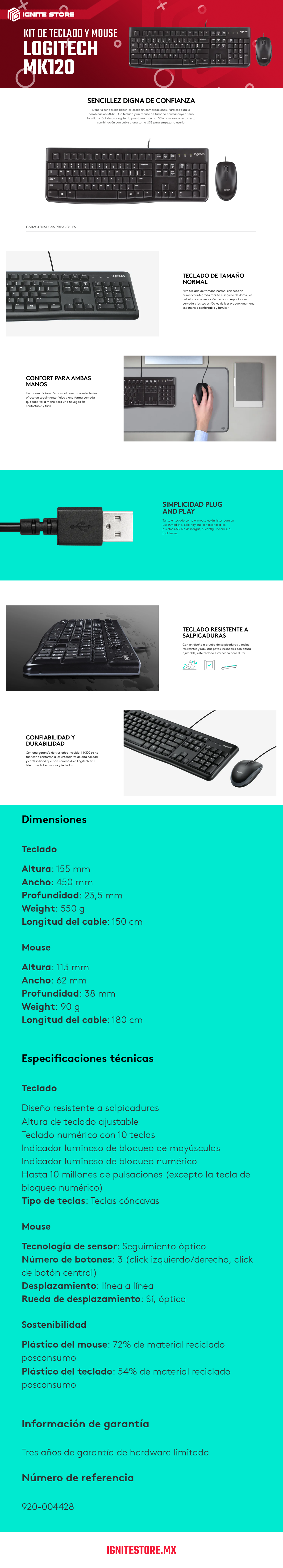 KIT DE TECLADO Y MOUSE ALAMBRICO LOGITECH MK120 ESPAÑOL - 920-004428