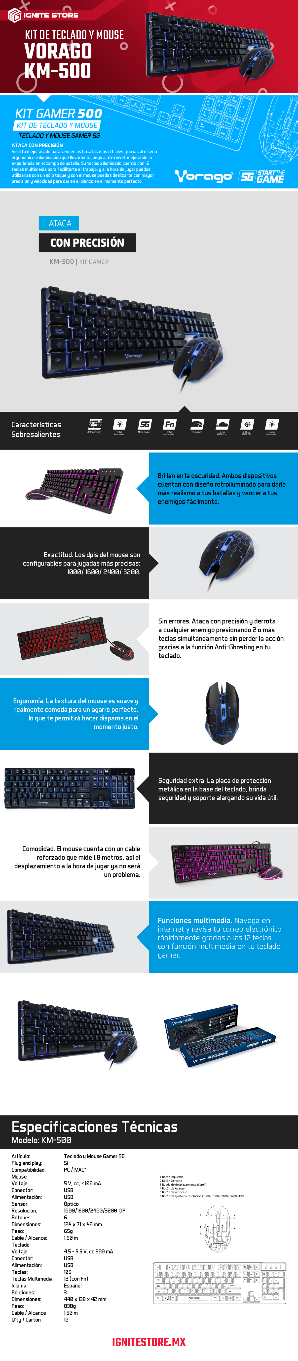 Kit de Teclado y Mouse Vorago SG KM-500 | Cuerpo Iluminado | Teclas Multimedia | Anti-Ghosting | 3200DPI | KM-500