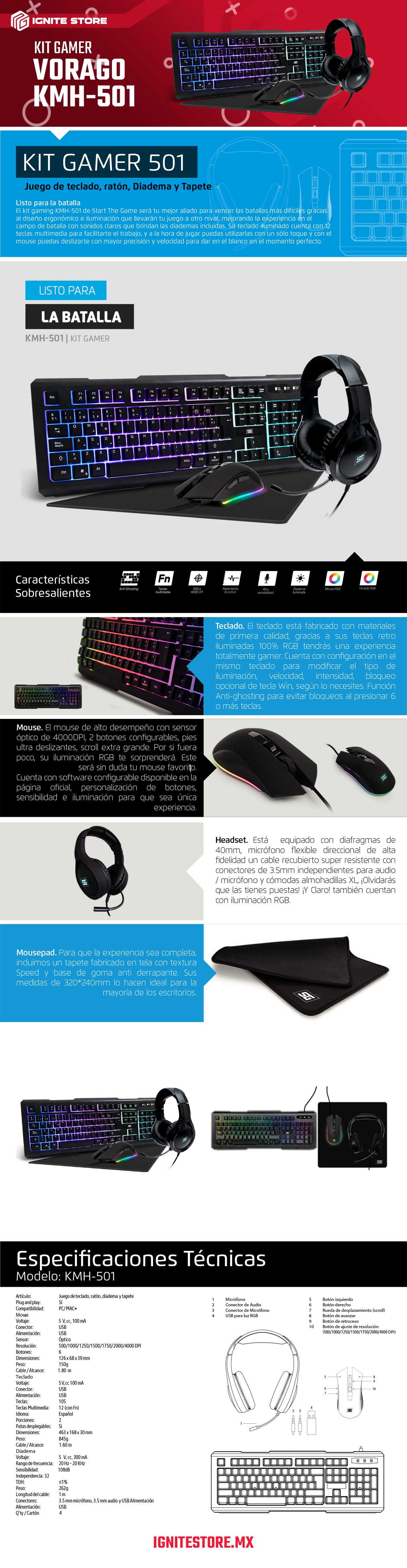 KIT DE PERIFERICOS GAMER VORAGO START THE GAME KMH501 RGB - KMH-501