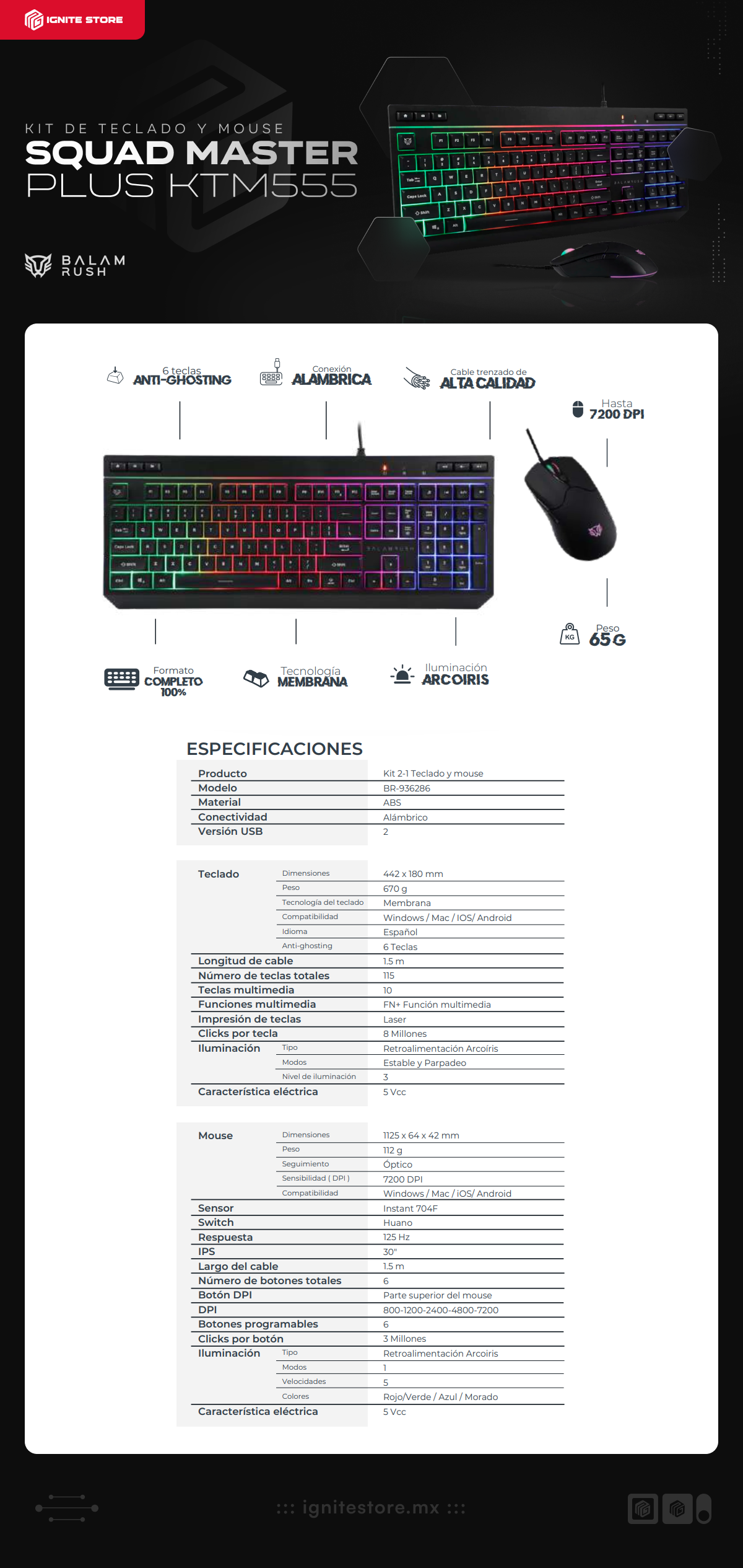 Kit de Teclado y Mouse Alámbrico Acteck Balam Rush Squad Master Plus KTM555 | Full Size | Botones Multimedia | Membrana | Sensor Óptico | Hasta 7200 DPI | Windows / Mac / iOS / Android | Español | RGB | Negro | BR-936286