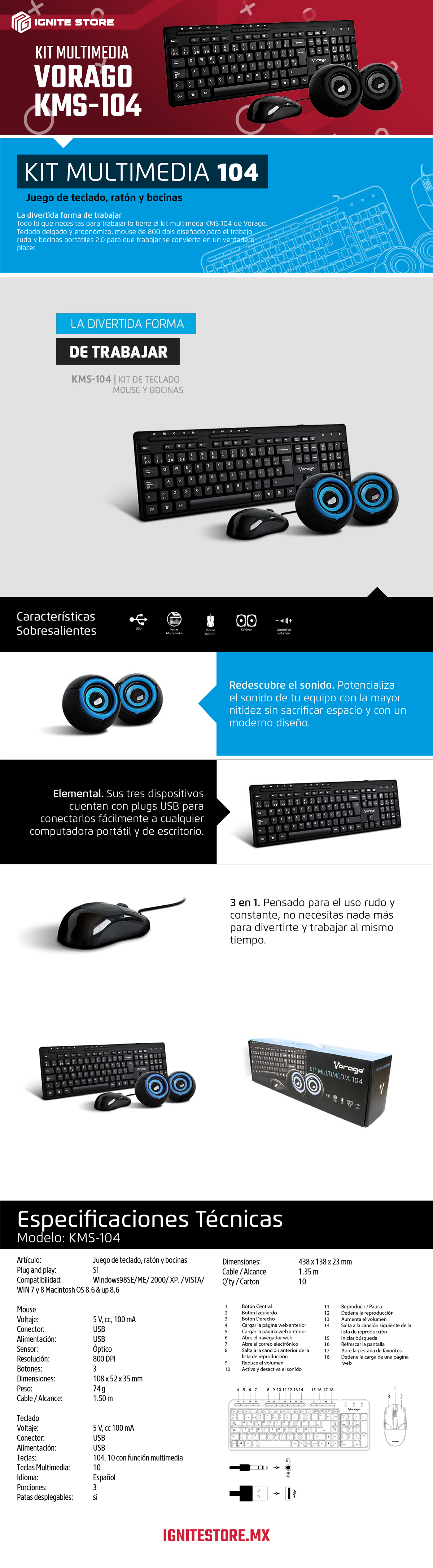 KIT DE TECLADO MOUSE Y BOCINA ALAMBRICO VORAGO KMS-104