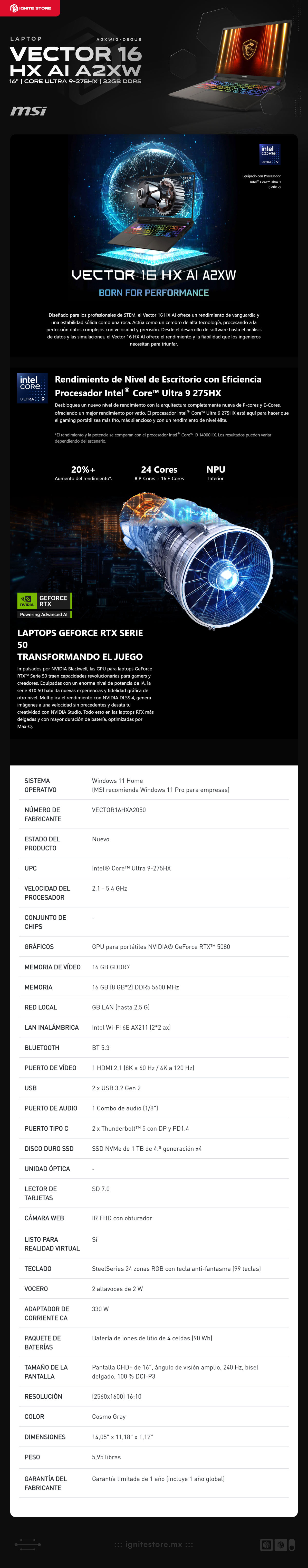 Laptop Gamer MSI Vector 16 HX AI A2XW | 16” QHD+ 240Hz | Intel Core Ultra 9-275HX | NVIDIA GeForce RTX 5080 16GB | 32GB RAM DDR5 (Hasta 96GB) | 2TB SSD | Thunderbolt 5 | Wi-Fi 7 | Windows 11 Pro | Teclado en Inglés | Vector 16 HX AI A2XWIG-050US