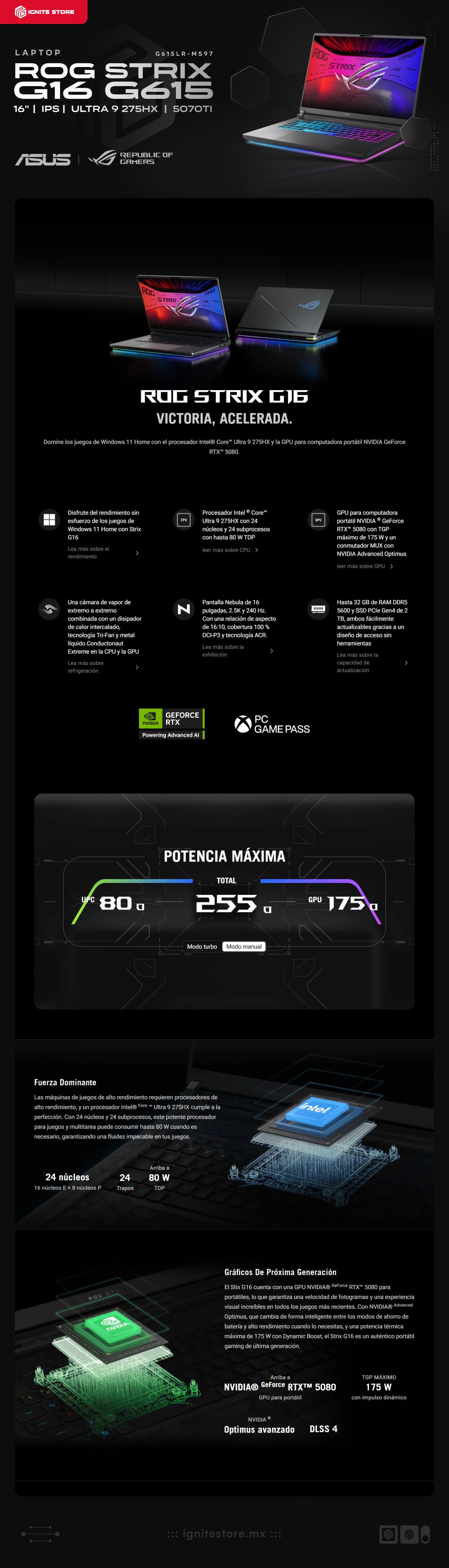 Laptop Gamer ASUS ROG Strix G16 G615 | 16″ IPS | Intel Core Ultra 9 275HX | RTX 5070 Ti | 32 GB DDR5 | Windows 11 Home | Inglés | G615LR-MS97