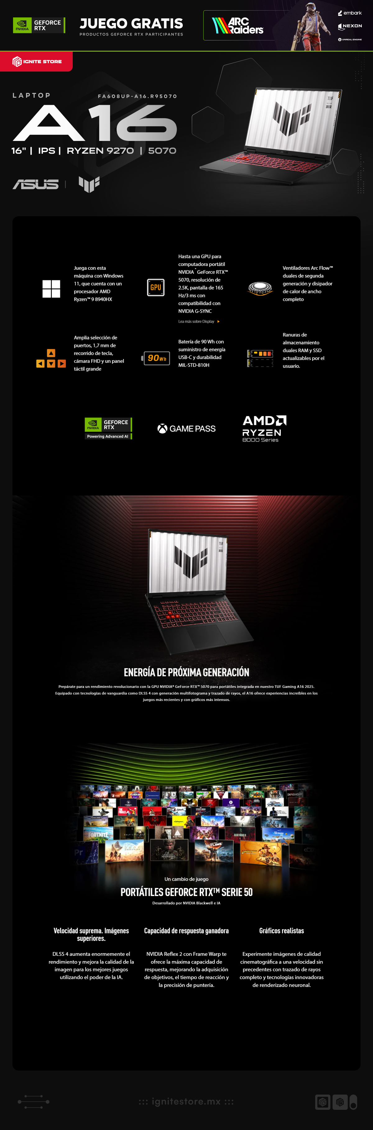 Laptop Gamer ASUS TUF Gaming A16 | 16″ (FHD) 165 Hz | AMD Ryzen 9 270 | NVIDIA GeForce RTX 5070 | 32 GB DDR5‑5600 | 1 TB SSD NVMe | Windows 11 Home | Teclado en Inglés | FA608UP-A16.R95070
