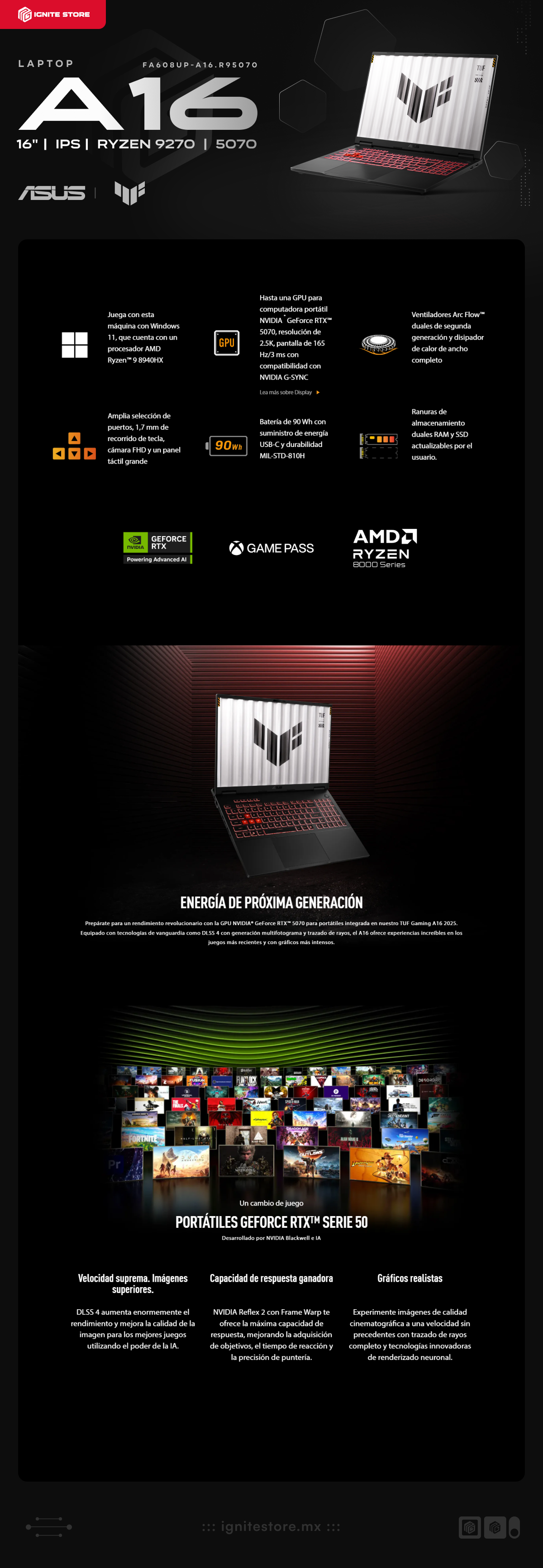 Laptop Gamer ASUS TUF Gaming A16 | 16″ (FHD) 165 Hz | AMD Ryzen 9 270 | NVIDIA GeForce RTX 5070 | 32 GB DDR5‑5600 | 1 TB SSD NVMe | Windows 11 Home | Teclado en Inglés | FA608UP-A16.R95070