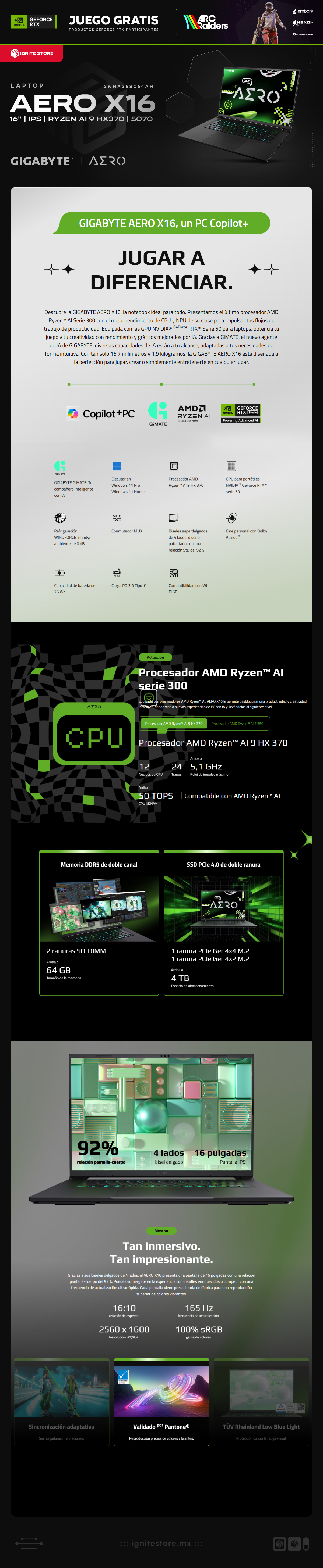 Laptop Gamer GIGABYTE AERO X16 EG61H | 16″ (2560 × 1600) / 165 Hz | AMD Ryzen AI 9 HX 370 | NVIDIA GeForce RTX 5070 | 32 GB DDR5 | 1TB SSD | Windows 11 Home | Teclado en Español | AERO X16 2WHA3ESC64AH