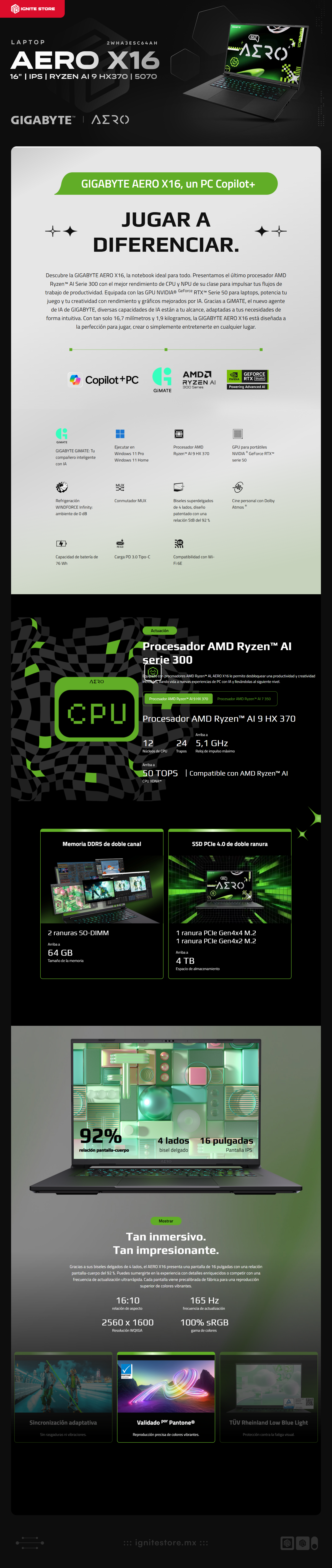 Laptop Gamer GIGABYTE AERO X16 EG61H | 16″ (2560 × 1600) / 165 Hz | AMD Ryzen AI 9 HX 370 | NVIDIA GeForce RTX 5070 | 64 GB DDR5 | 1TB SSD | Windows 11 Home | Teclado en Español | AERO X16 2WHA3ESC64AH