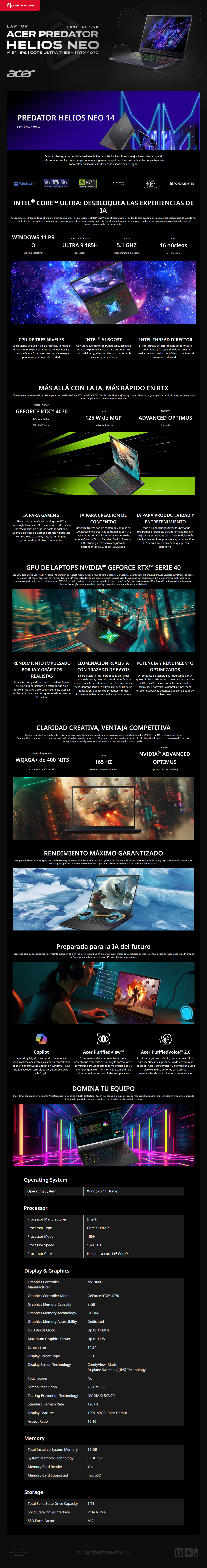 Laptop Gamer Acer Predator Helios Neo 14 | 14.5" / IPS / 120Hz | Intel Core Ultra 7‑155H | RTX 4070 | 16GB DDR5 | 1TB SSD | Windows 11 Home | Inglés | PHN14-51-79UB
